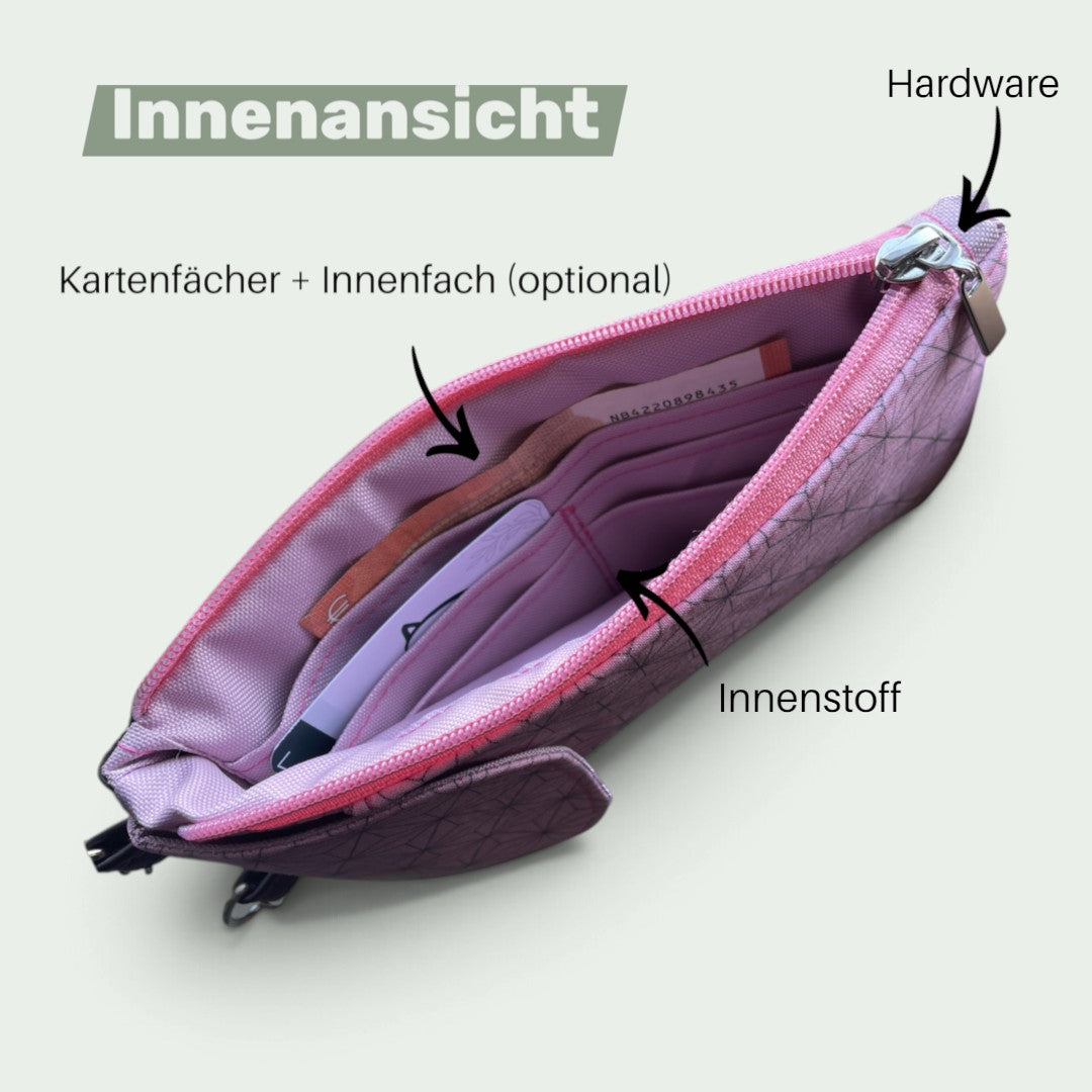 Schneckenschmiede Zip n Go Handytasche Innenansicht mit Kartenfächern, Reißverschluss und rosa Innenfutter.